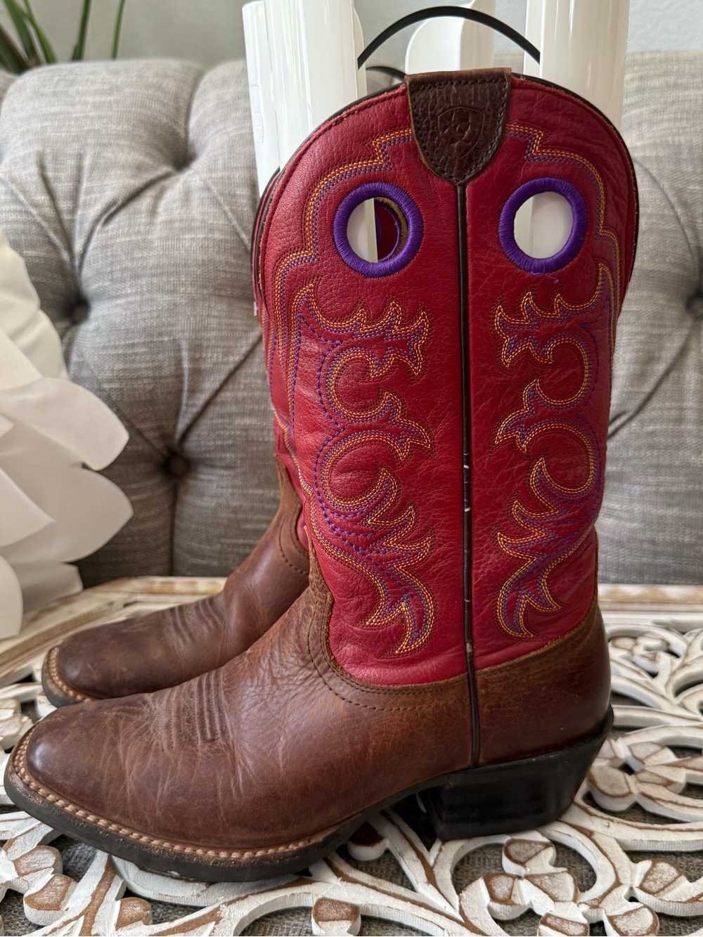 Ariat Brown & Red Leather Cowboy Boots Women’s 7 - Picture 2 of 8